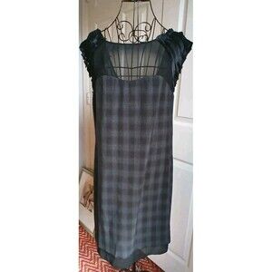 BCBGeneration NWT Black Sheer Overlay Plaid Shift Dress Ruffle Sleeve Chic Sz 8